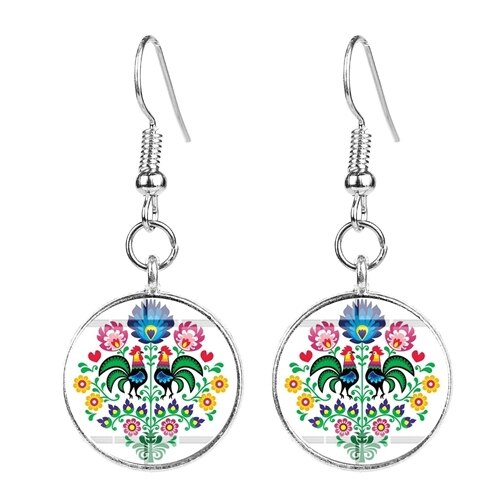 Polish Folk Art Pattern Drop Earrings - Round