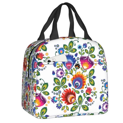 Lunch Bag with side pocket - Insulated with Polish Folk designs