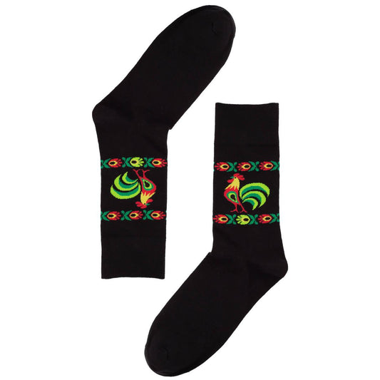 Socks in Lowicz patterns with a rooster - Black