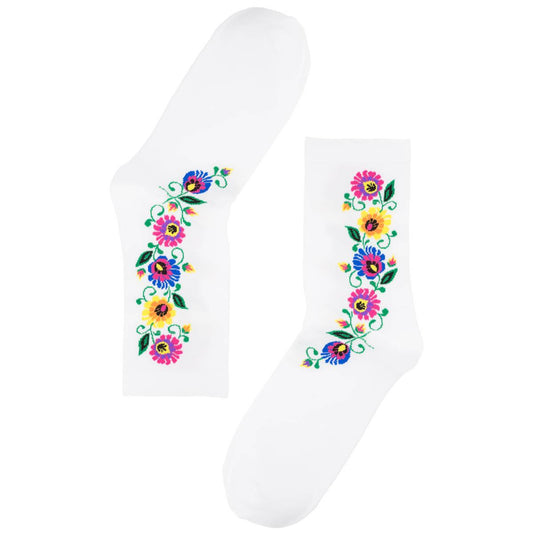 Socks with a strip floral pattern - White