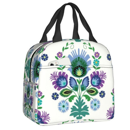 Lunch Bag with side pocket - Insulated with Polish Folk designs