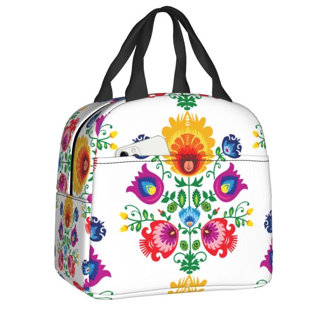 Lunch Bag with side pocket - Insulated with Polish Folk designs