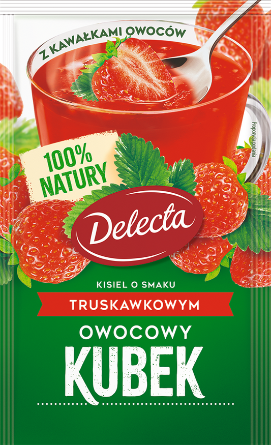 Strawberry flavoured fruit jelly with fruit pieces, 30 g - Owocowy Kubek Kisiel o smaku truskawkowym