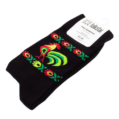 Socks in Lowicz patterns with a rooster - Black