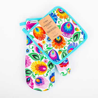 Kitchen Set Oven Glove Mitt and Hot Pot Holder Mat - Zestaw Kuchenny Łowicz - Folkstar