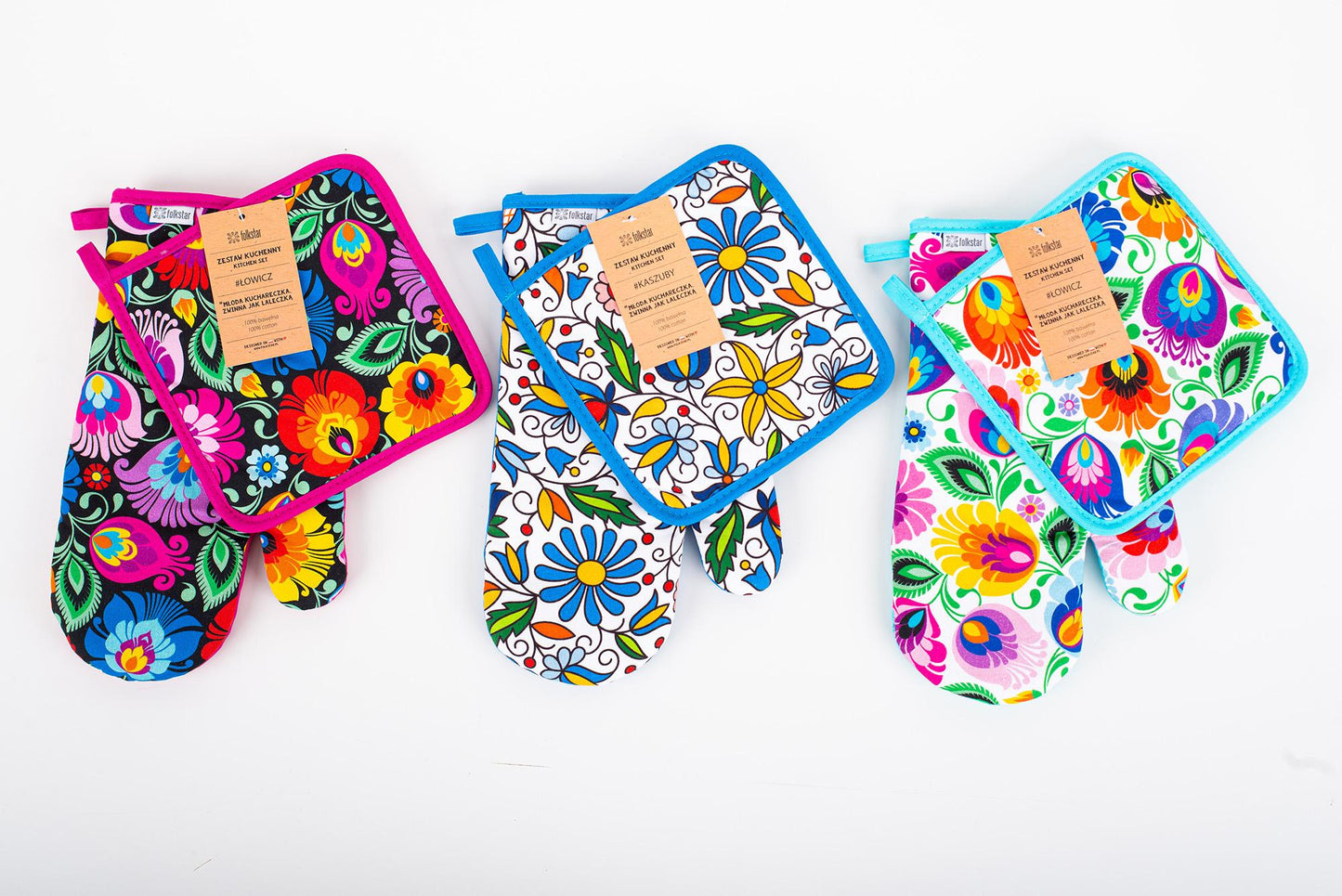 Kitchen Set Oven Glove Mitt and Hot Pot Holder Mat - Zestaw Kuchenny Łowicz - Folkstar