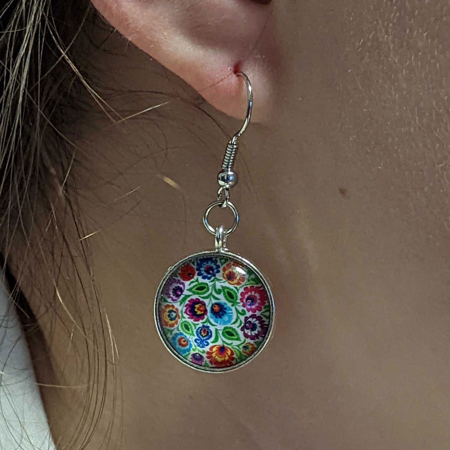 Polish Folk Art Pattern Drop Earrings - Round