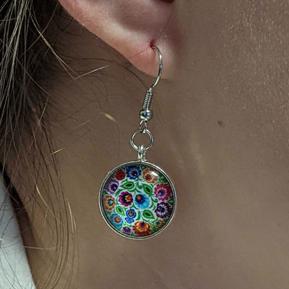 Polish Folk Art Pattern Drop Earrings - Round