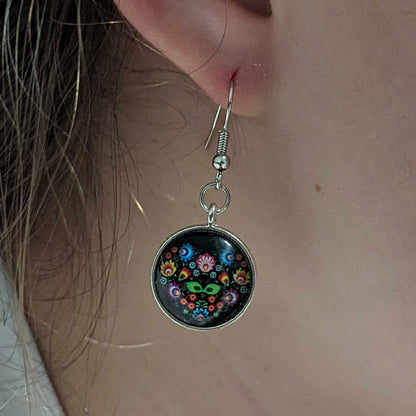 Polish Folk Art Pattern Drop Earrings - Round