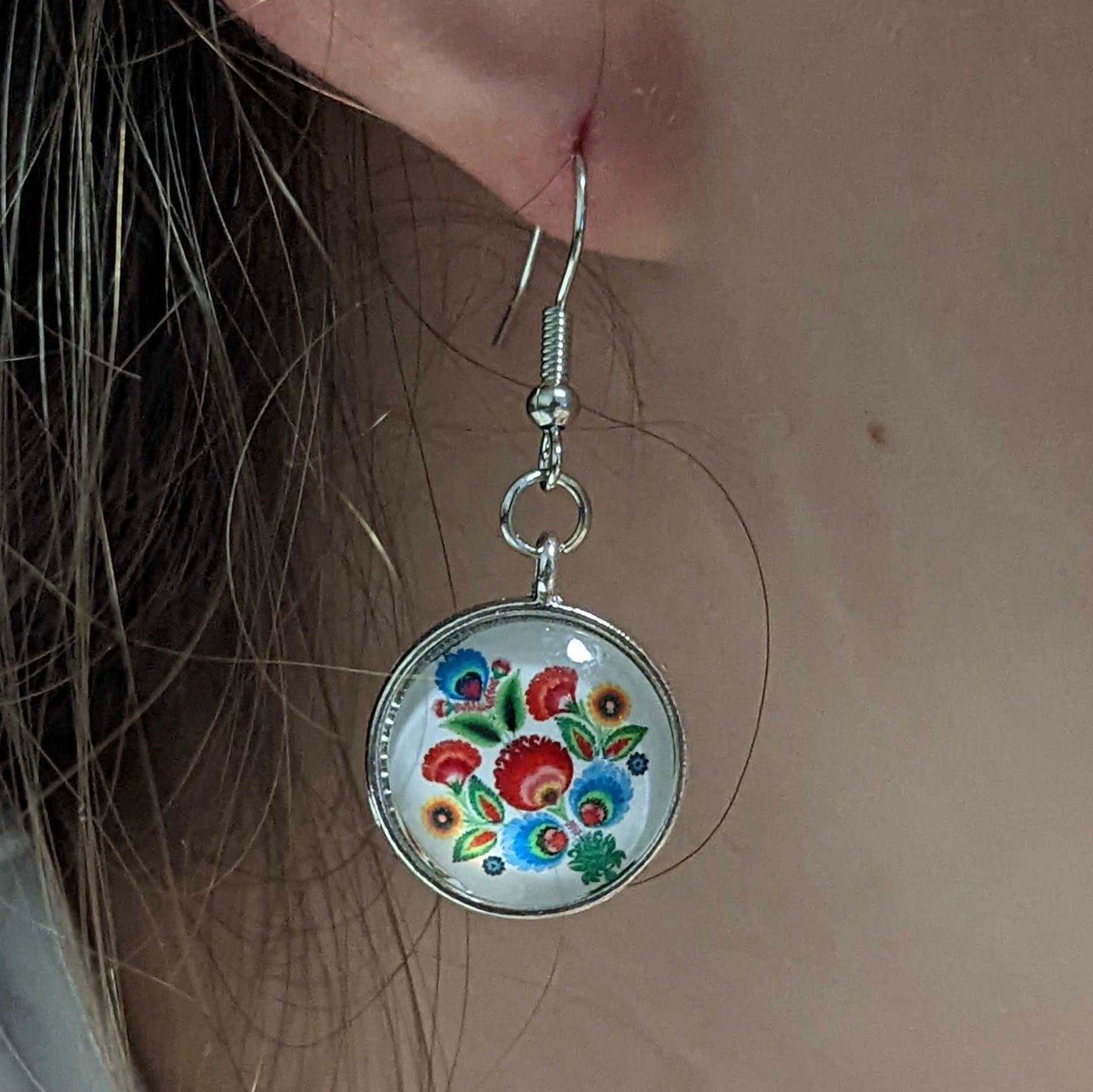 Polish Folk Art Pattern Drop Earrings - Round