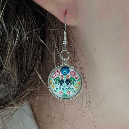 Polish Folk Art Pattern Drop Earrings - Round