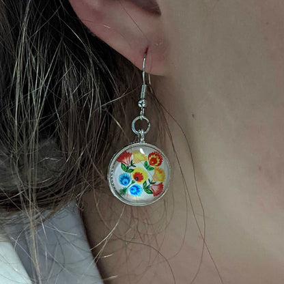 Polish Folk Art Pattern Drop Earrings - Round