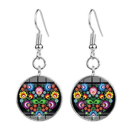 Polish Folk Art Pattern Drop Earrings - Round