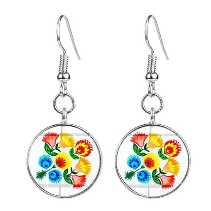 Polish Folk Art Pattern Drop Earrings - Round