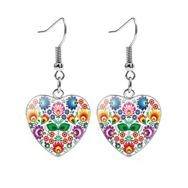 Polish Folk Art Heart Shaped Drop Earrings