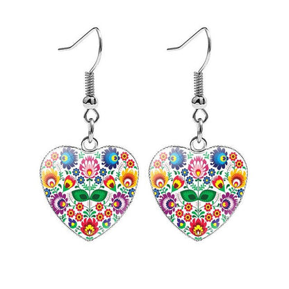 Polish Folk Art Heart Shaped Drop Earrings