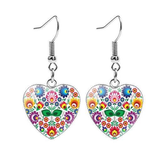 Polish Folk Art Heart Shaped Drop Earrings