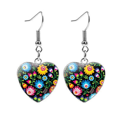 Polish Folk Art Heart Shaped Drop Earrings