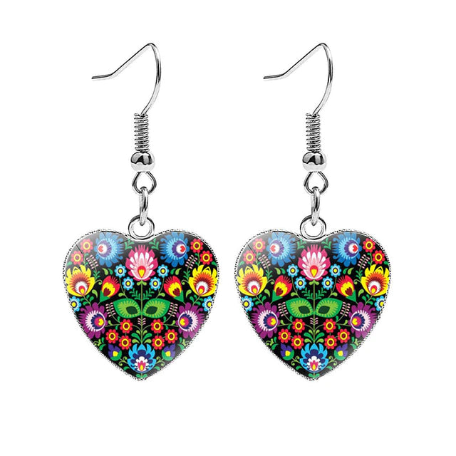 Polish Folk Art Heart Shaped Drop Earrings