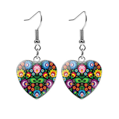 Polish Folk Art Heart Shaped Drop Earrings