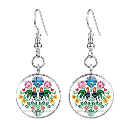 Polish Folk Art Pattern Drop Earrings - Round