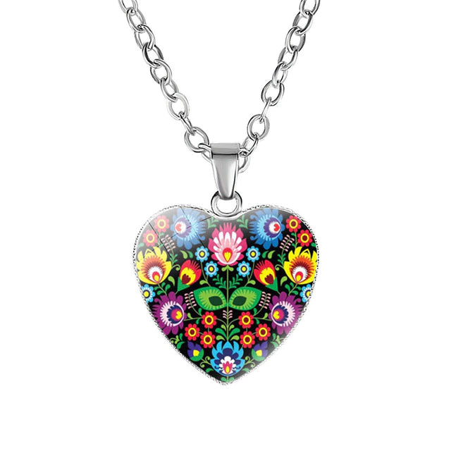 Polish Heart Shaped Folk Art Pendant Necklace