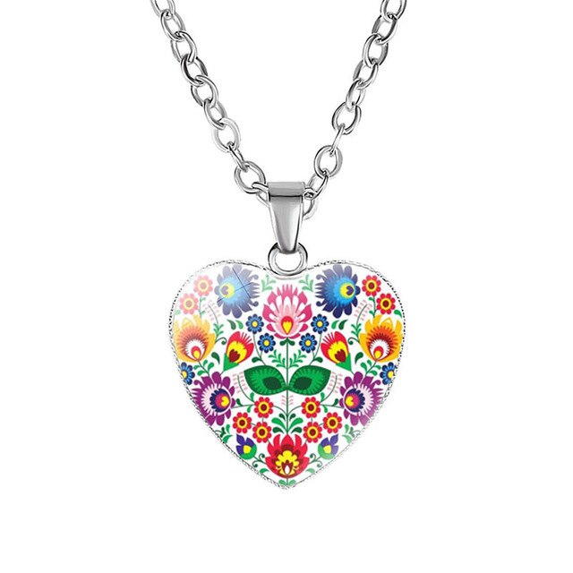 Polish Heart Shaped Folk Art Pendant Necklace