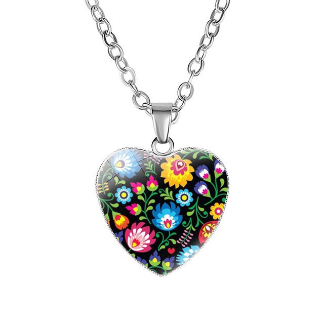 Polish Heart Shaped Folk Art Pendant Necklace